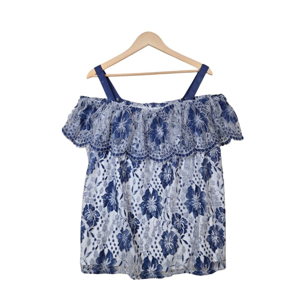 Lane Bryant Lace Floral Top 18/20 Blue White Off Shoulder Romantic Fairy Boho